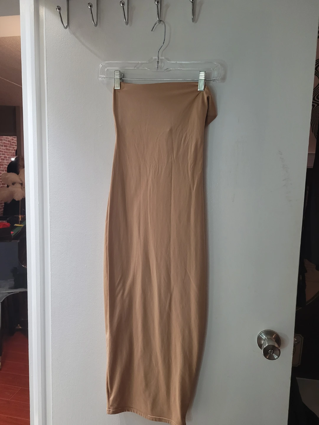 Tan strapless bodycon midi dress