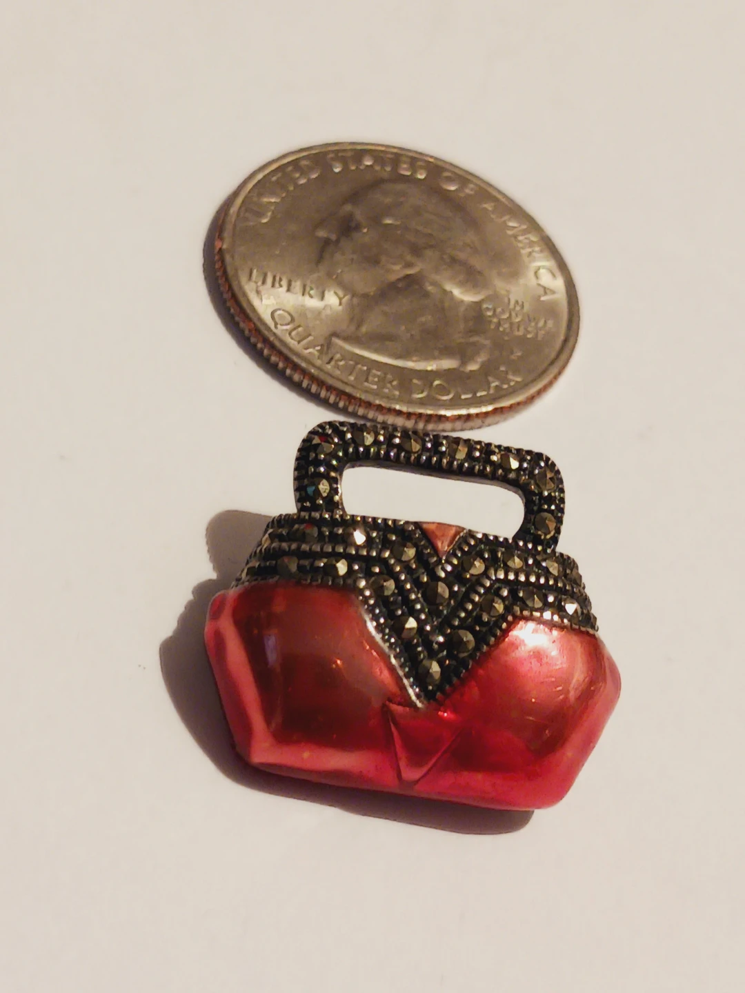 JUDITH JACK 925 Designer Signed Sterling Silver Red Purse Brooch