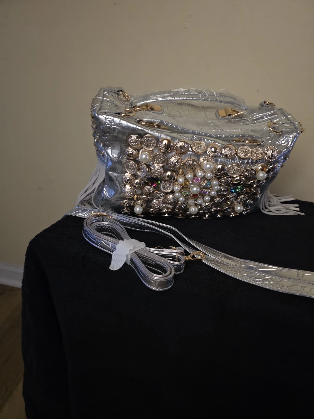 Silver Embellished Handbag with Fringe
