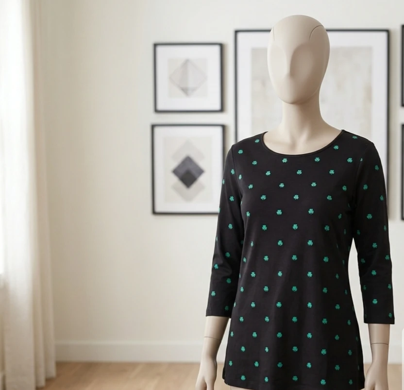 Black Shamrock Print 3/4 Sleeve Top