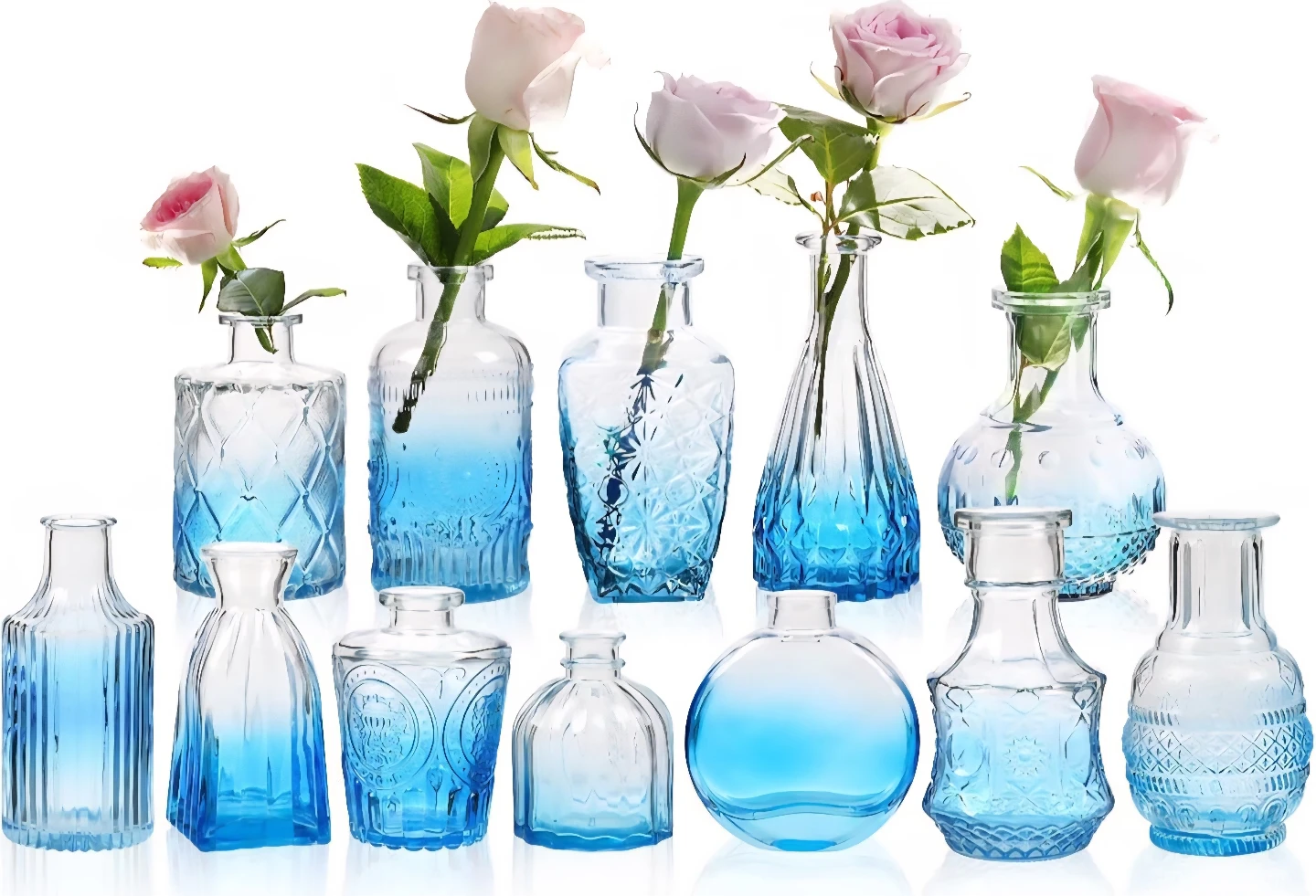 Set of 12 Blue Glass Bud Vases