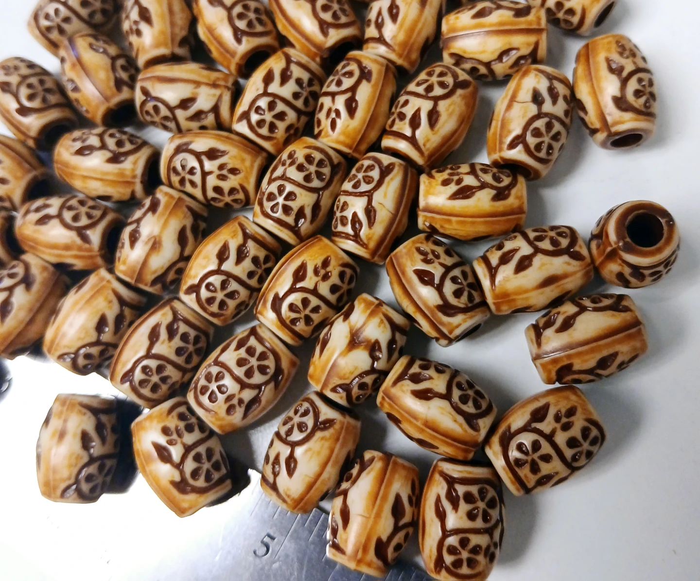 35 pc - Beige and Brown Barrel Beads with Floral Design