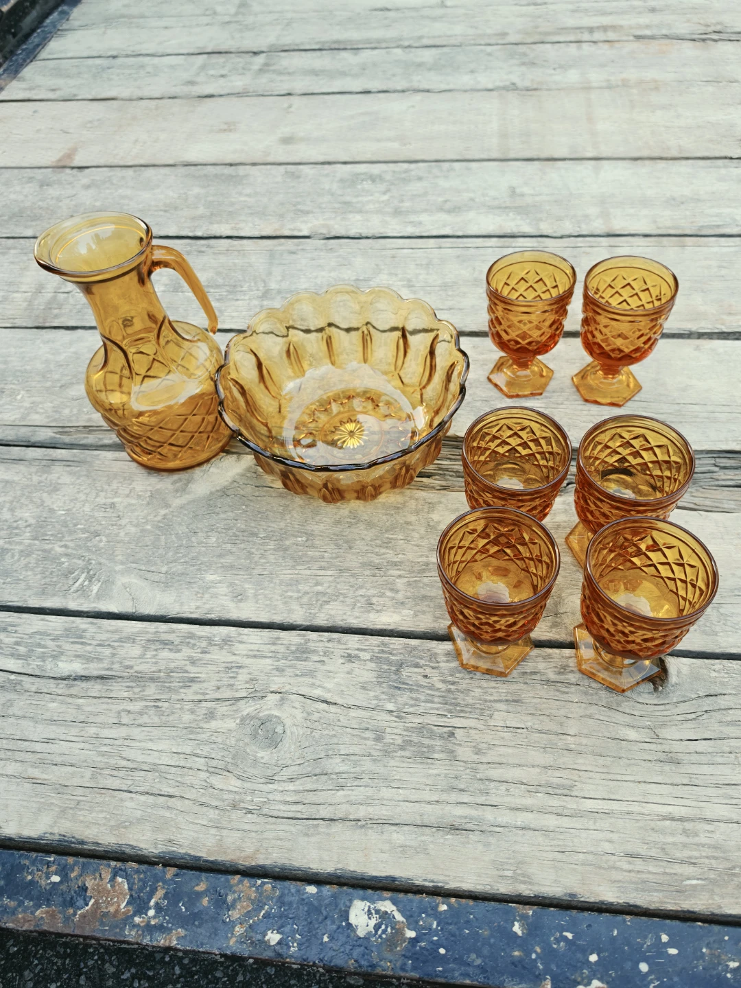Amber Glass Pitcher, Bowl, and 6 Glasses Set