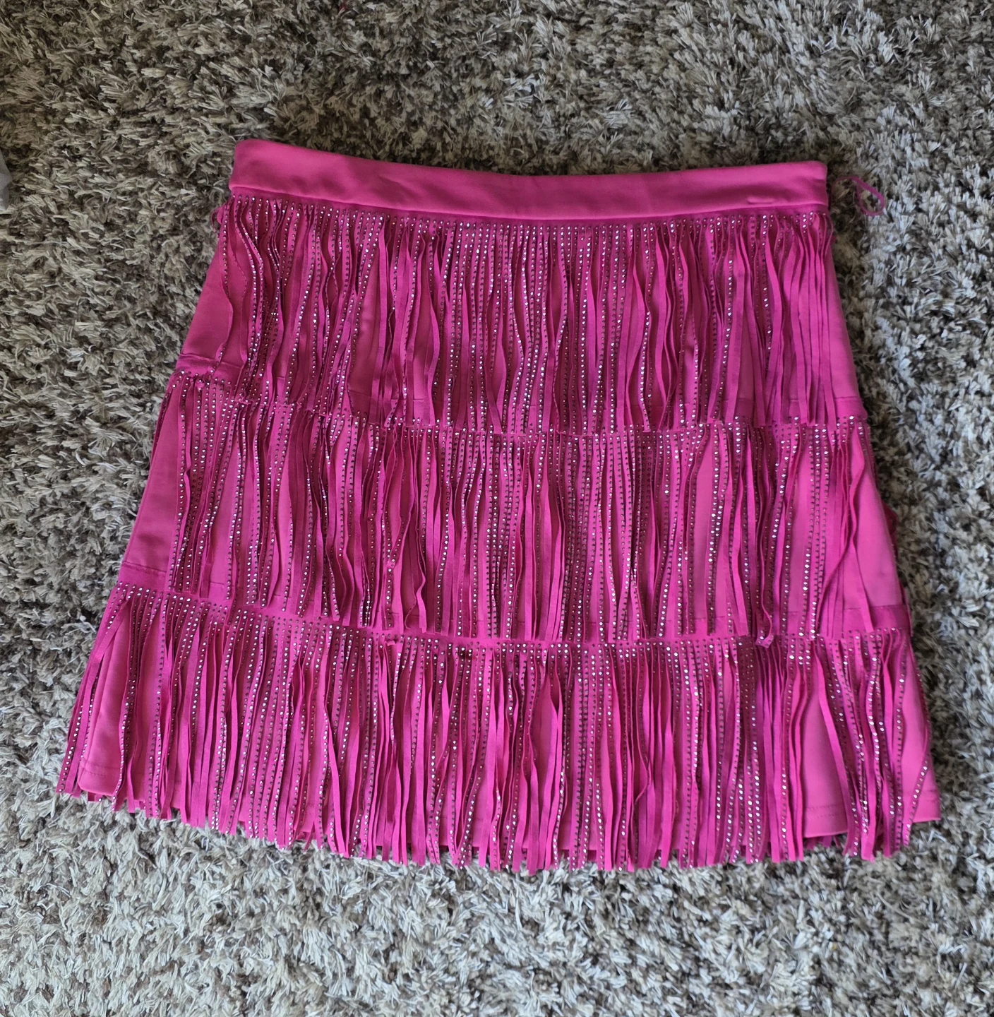 Pink Tiered faux suede Fringe Skirt with Rhinestones