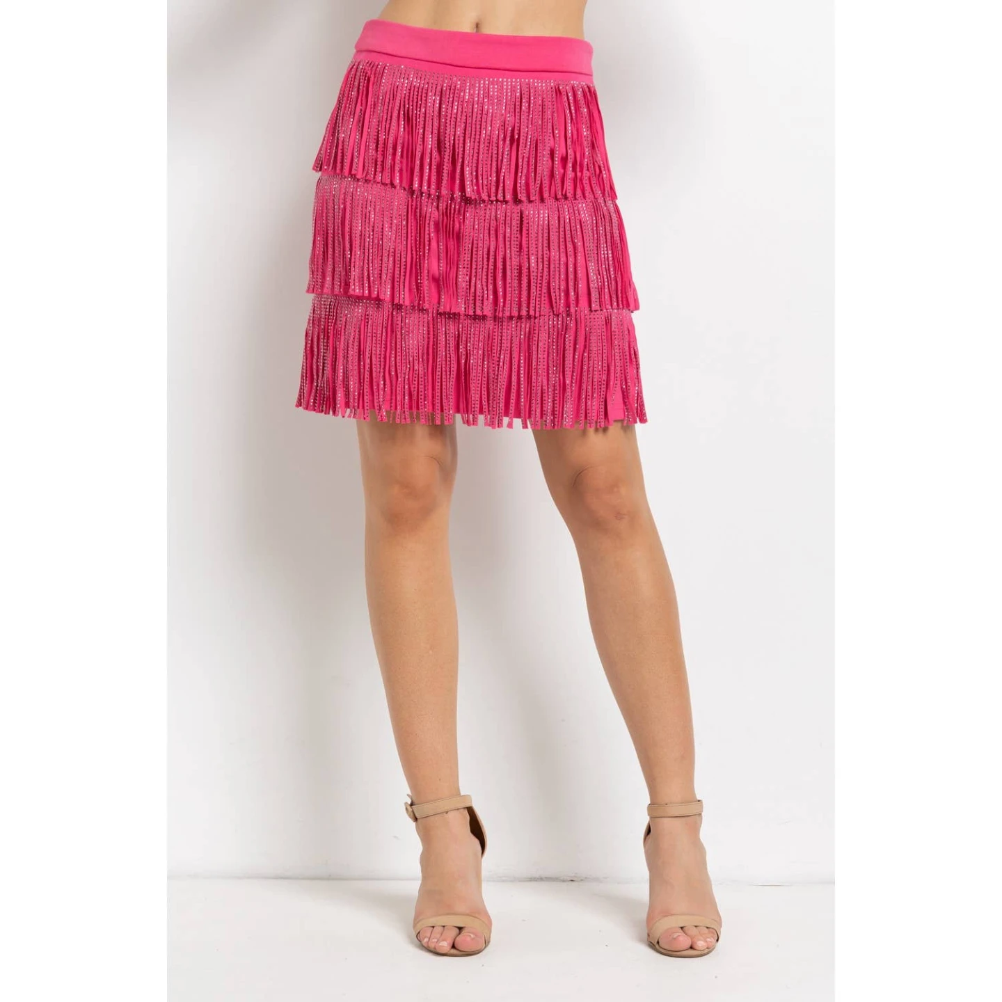 Pink Tiered faux suede Fringe Skirt with Rhinestones - photo 3