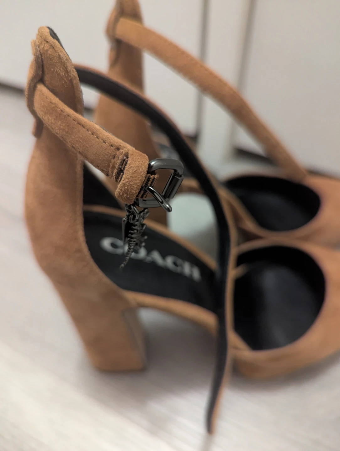 COACH Suede Block Heel Pumps with Ankle Strap