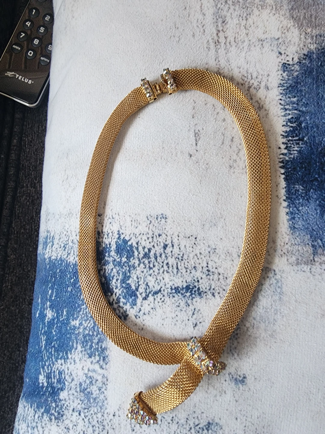 Gold Mesh Necklace with Rhinestones