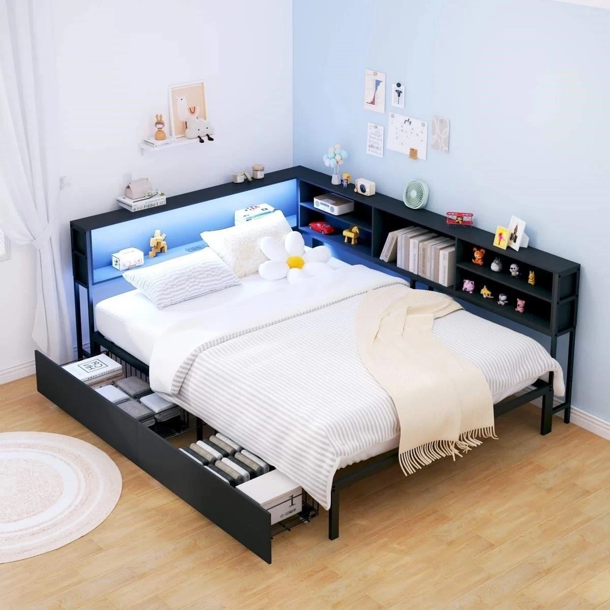 Full Corner Daybed With Storage Bookcase