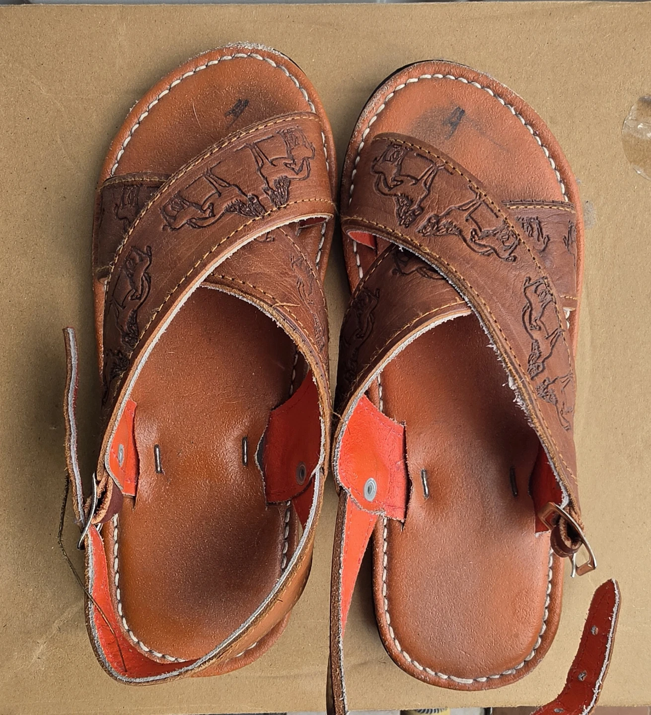 Brown Leather Sandals with Embossed Design