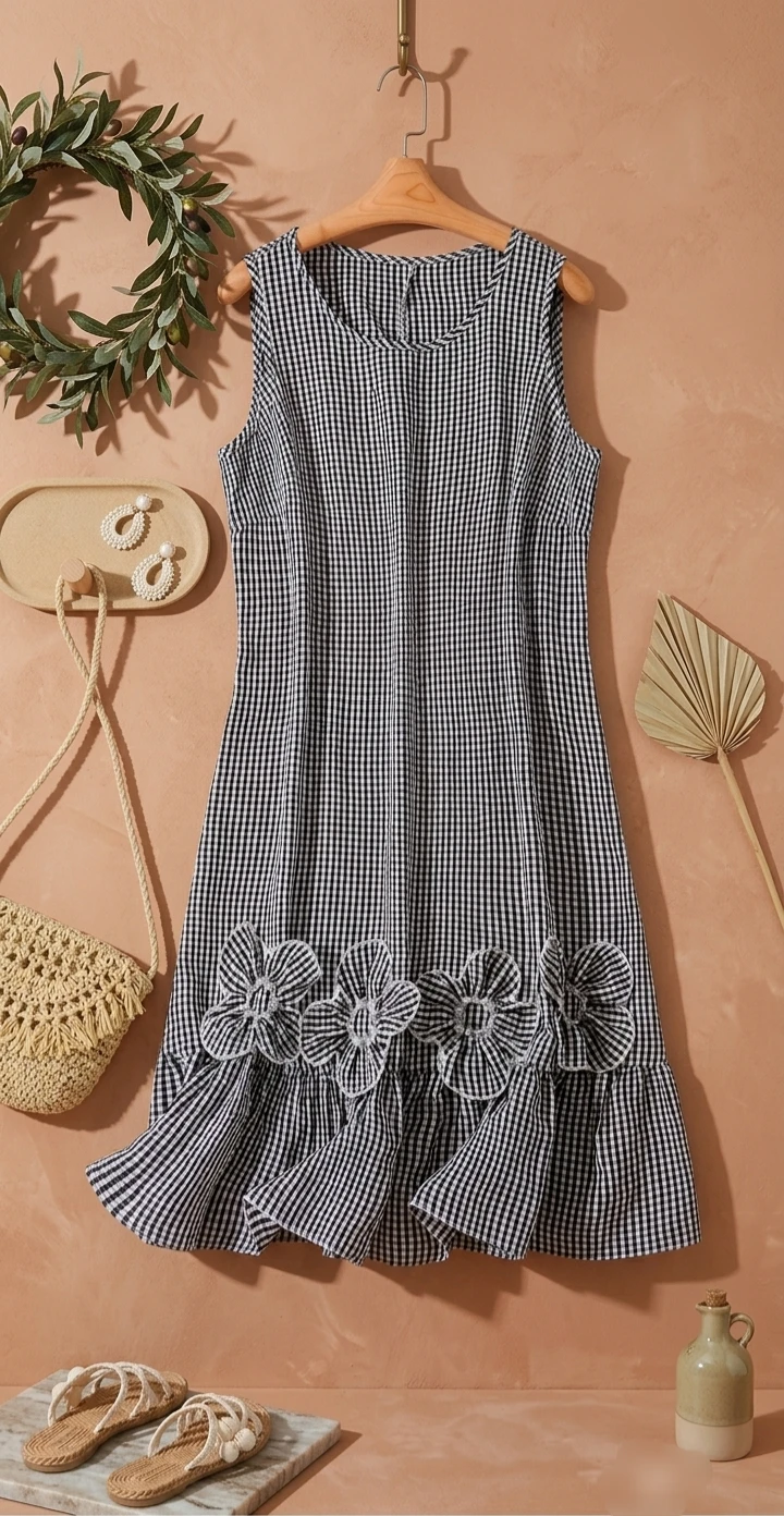 Black and White summer Dress Floral Trim