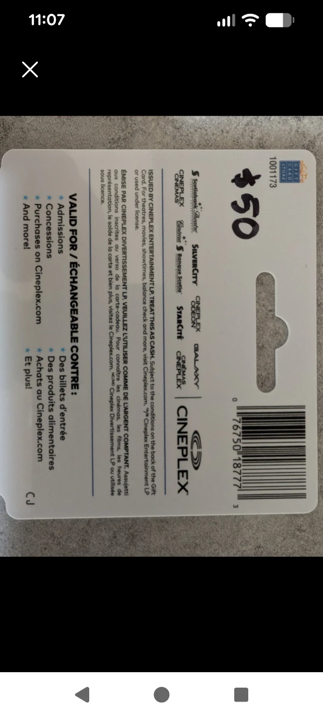 Cineplex $50 card for $40