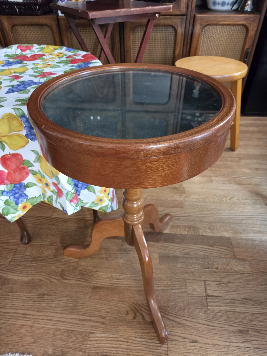 Round Wooden Side Table with Glass Top