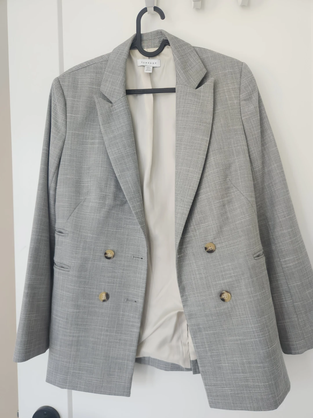 TOPSHOP Grey Plaid Double-Breasted Blazer