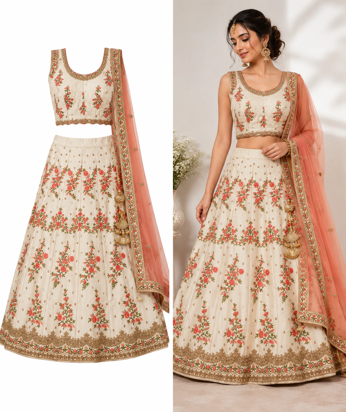 Cream Floral Embroidered Lehenga with Peach Dupatta