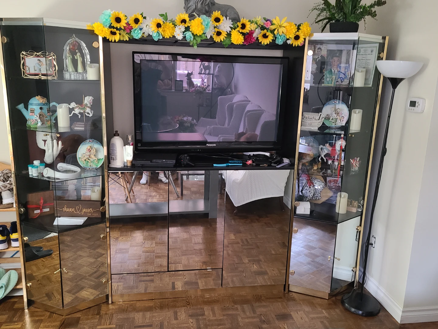 Mirrored Entertainment Unit with Gold Trim