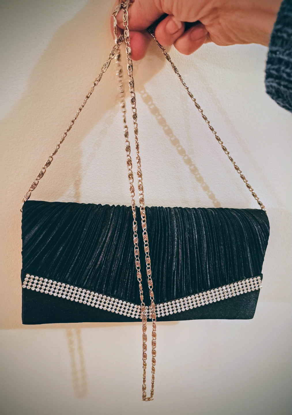 Black Pleated Clutch Bag with Rhinestones - photo 2
