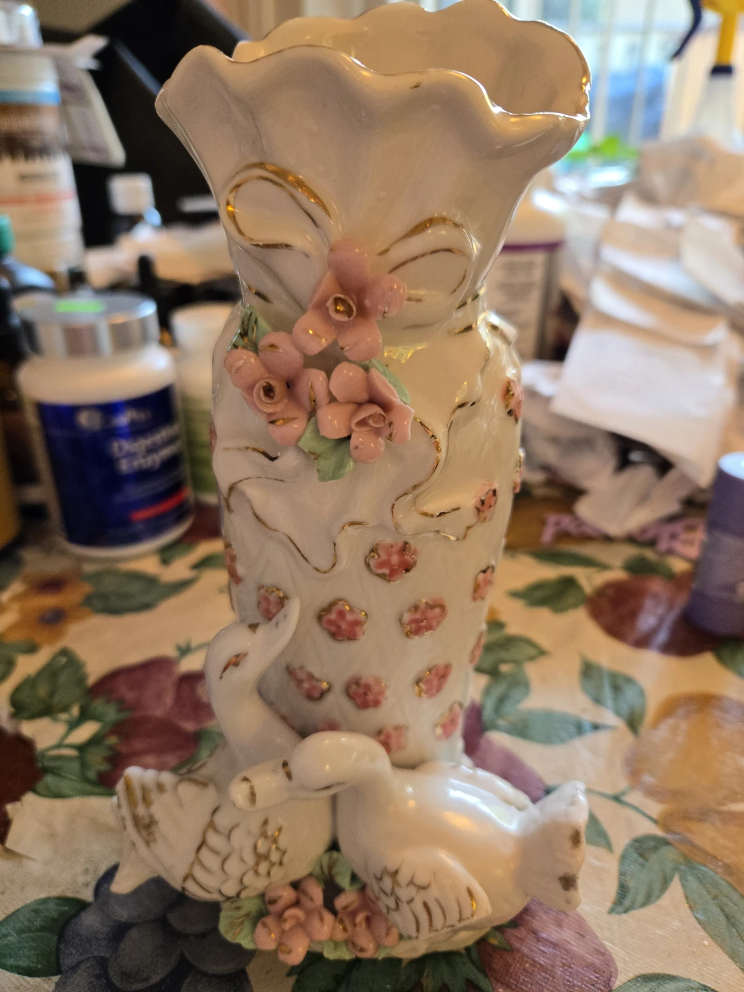 White Porcelain Vase with Pink Flowers and Ducks