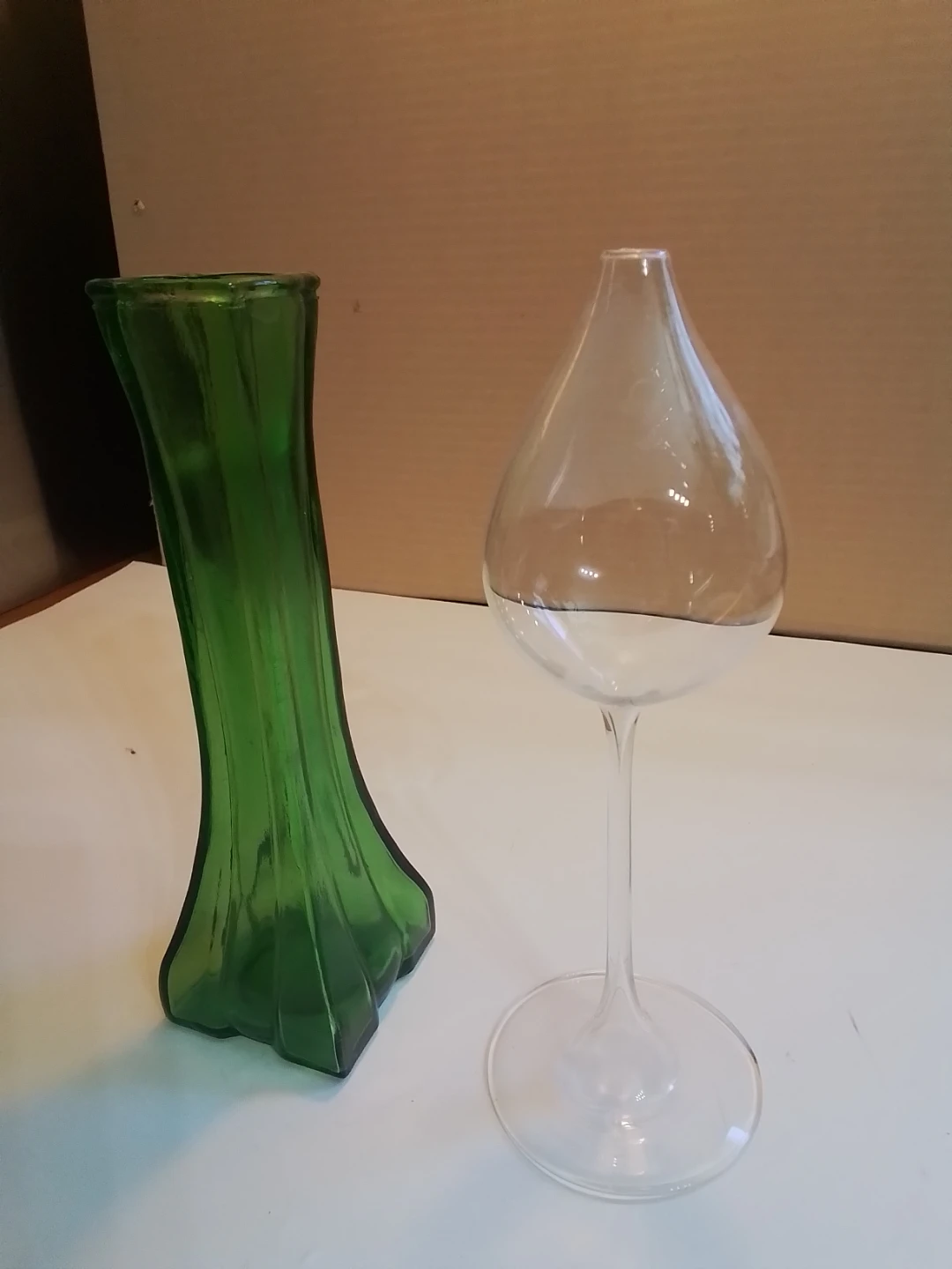 Green Glass Vase and Clear Glass Decorative Piece