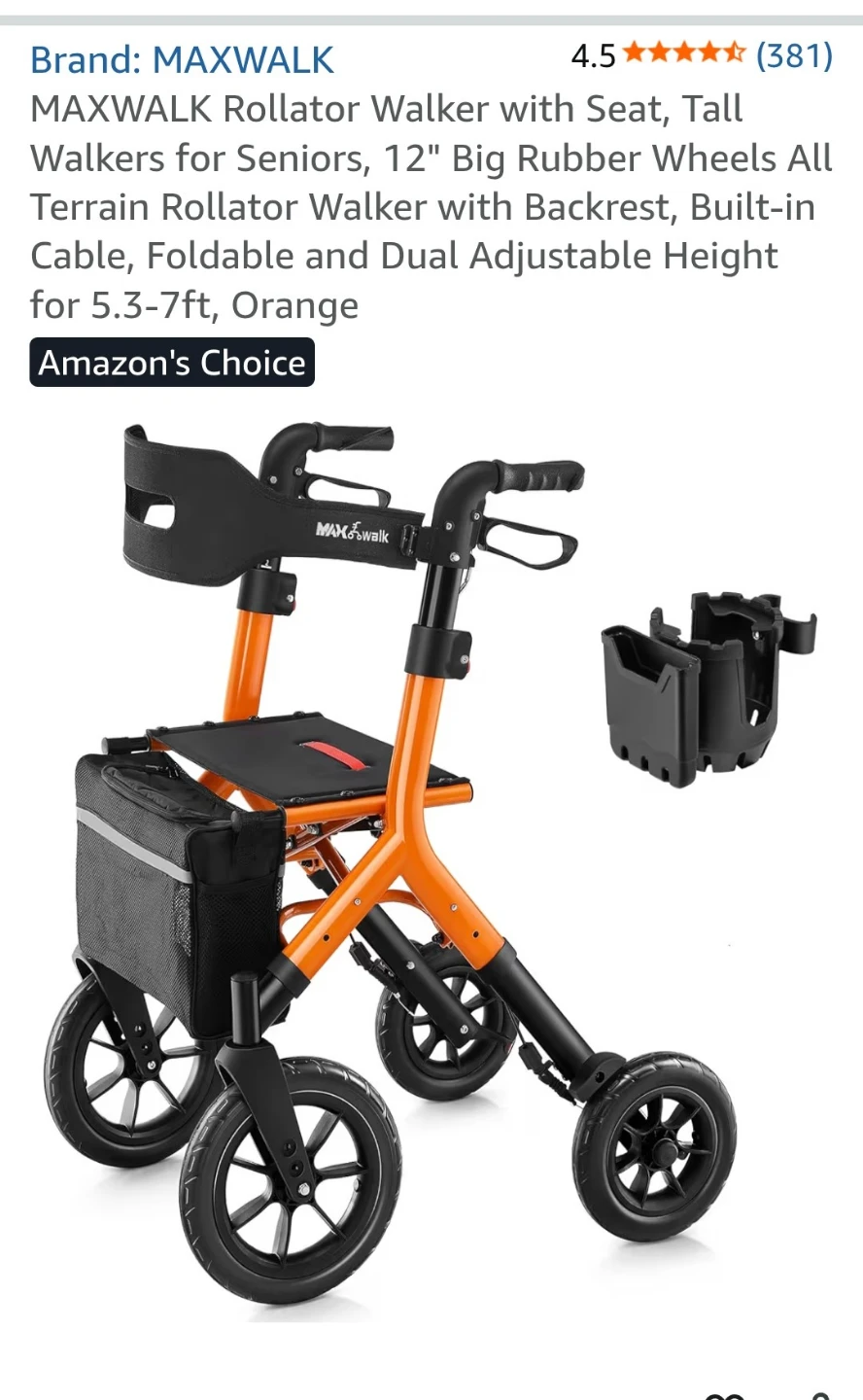MAXWALK Rollator Walker with Seat and Backrest - Orange
