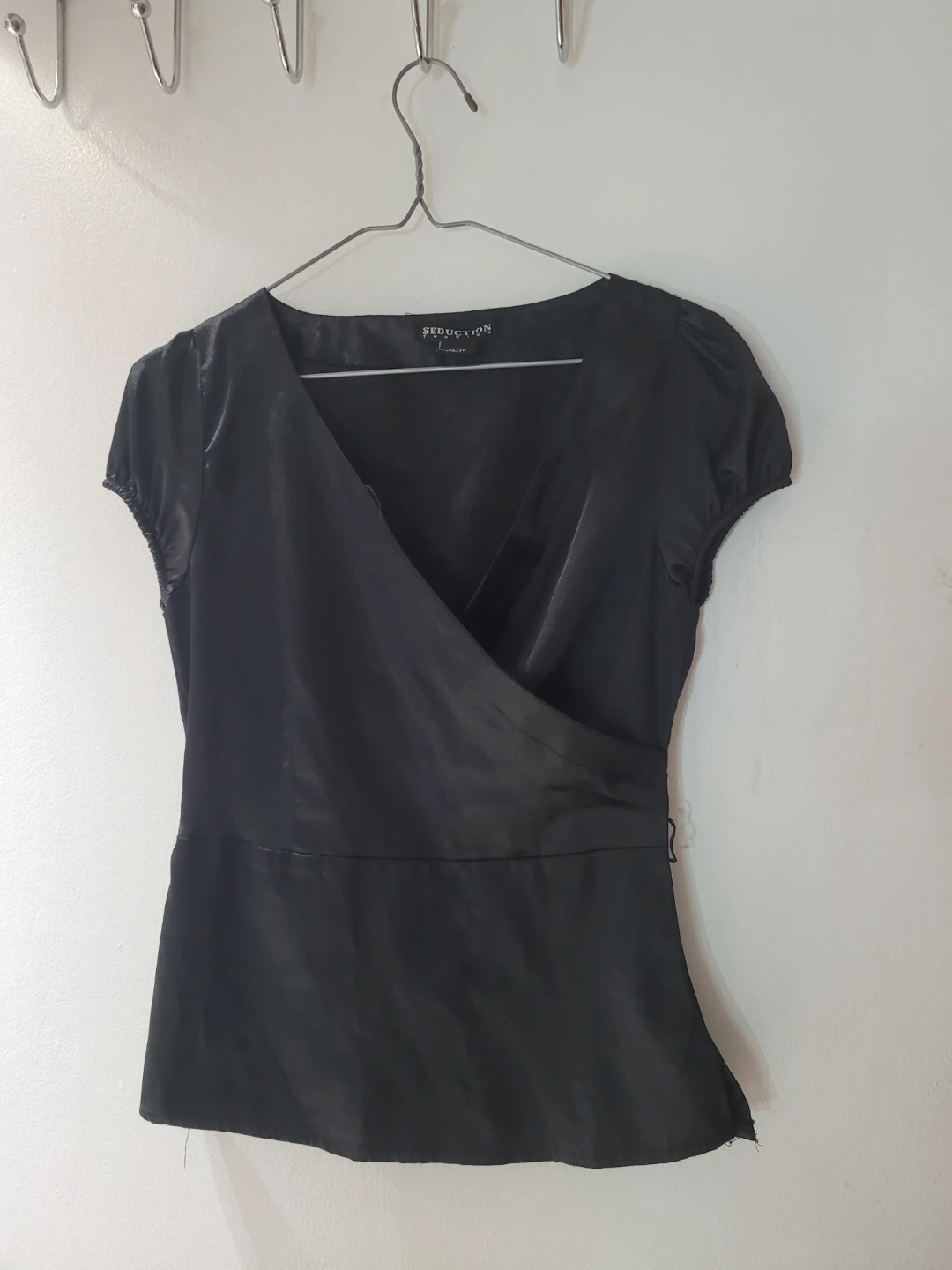 Small Black Wrap Top - satin material