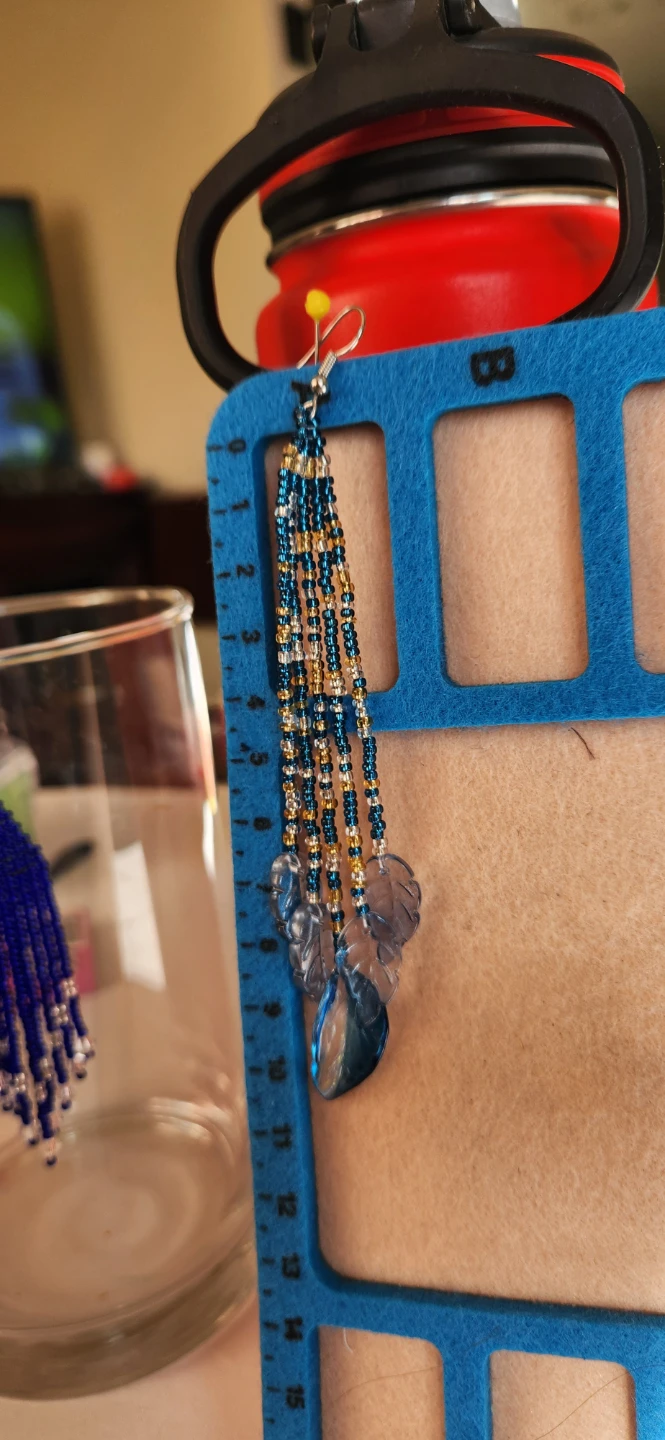 Blue & Gold Beaded Dangle Earrings with Leaf Charms