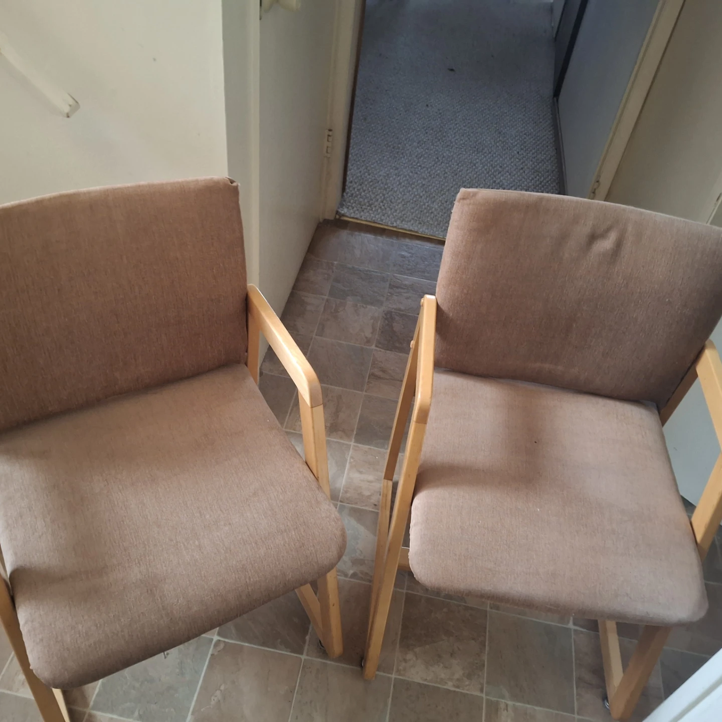 Pair of Brown Fabric Arm Chair with Wooden Frame - photo 2