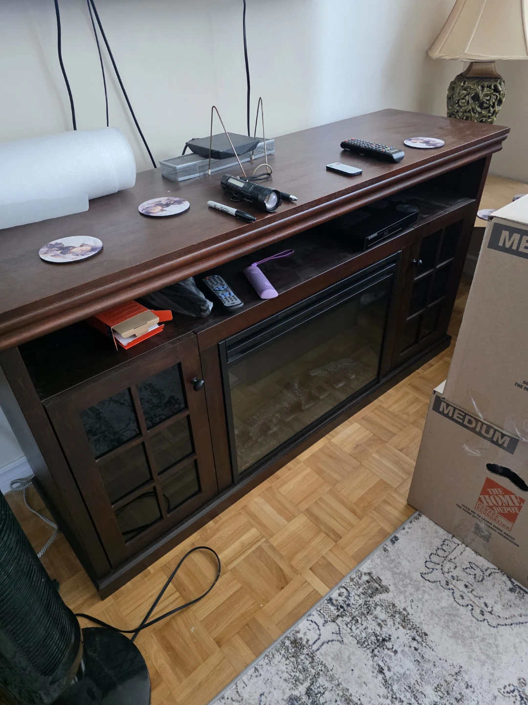 Dark Wood Media Console with Electric Fireplace - photo 2