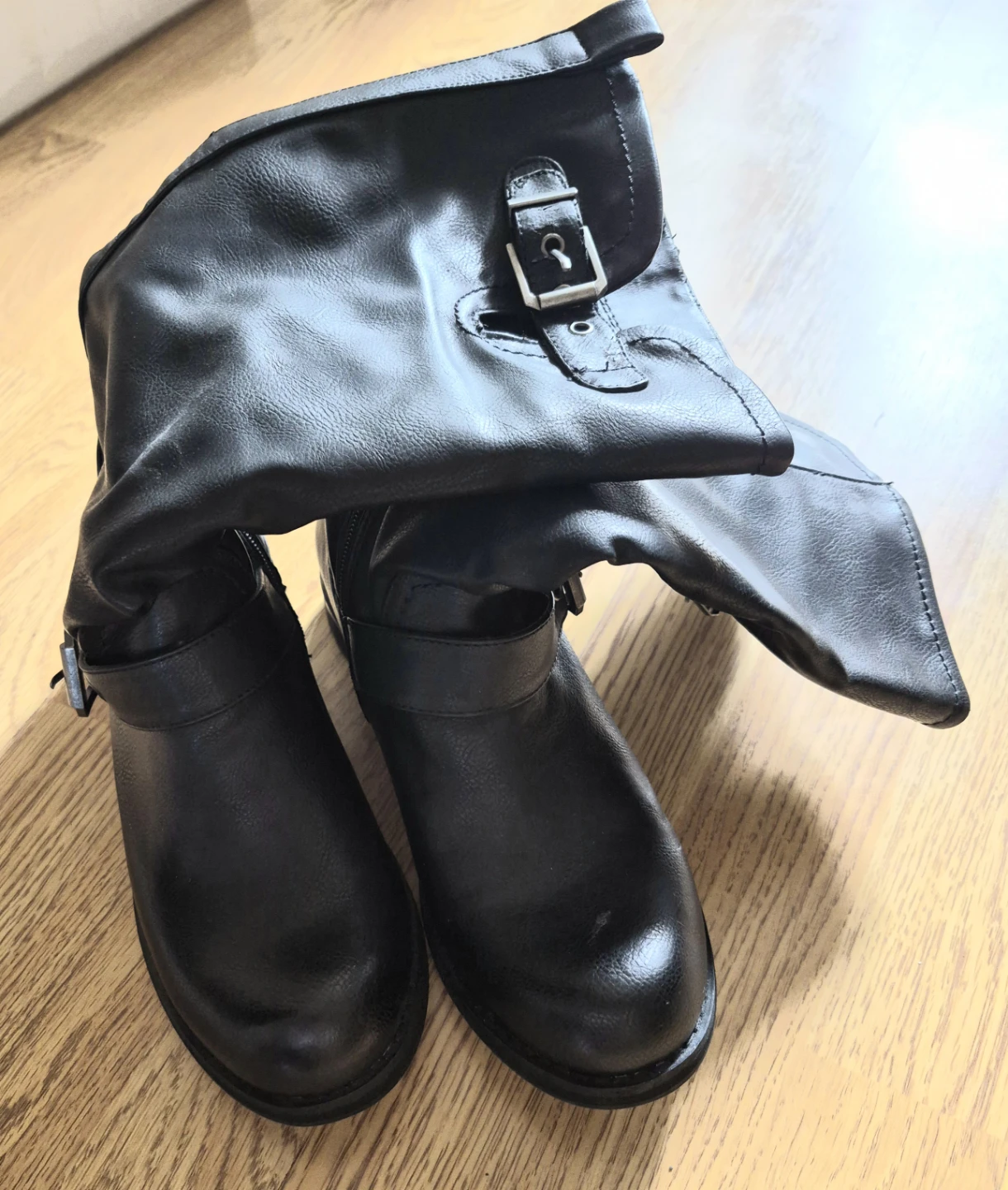 Black Faux Leather Buckle Boots
