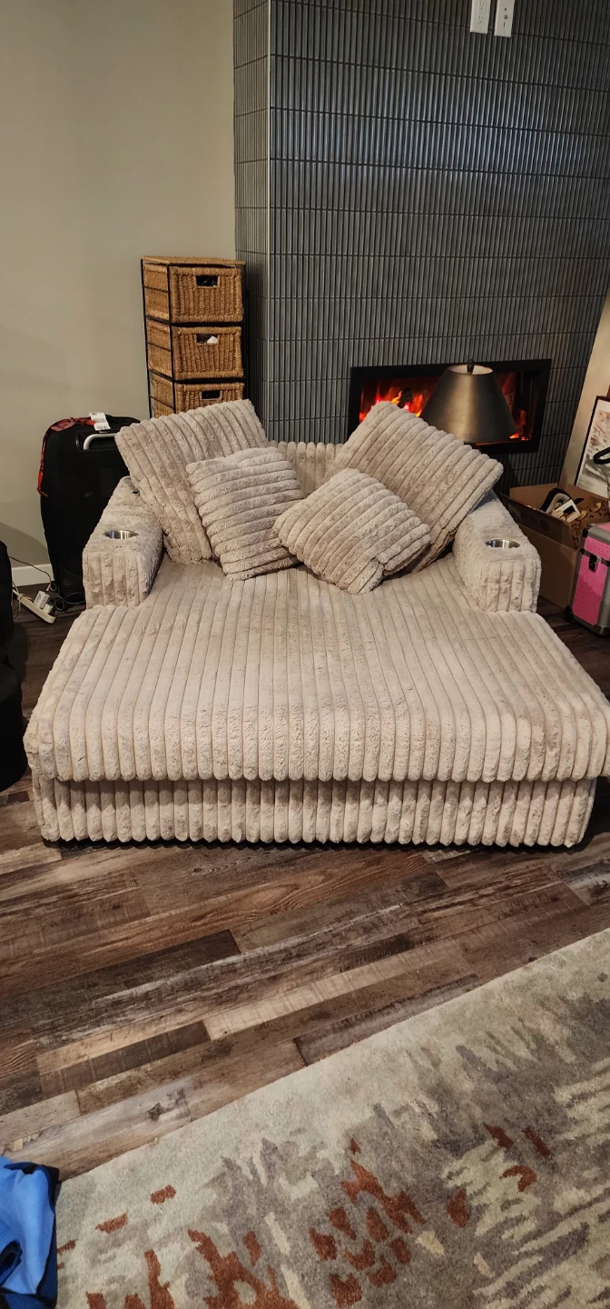 Cream Corduroy Chaise Lounge with Cup Holders