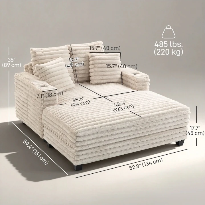 Cream Corduroy Chaise Lounge with Cup Holders - photo 2