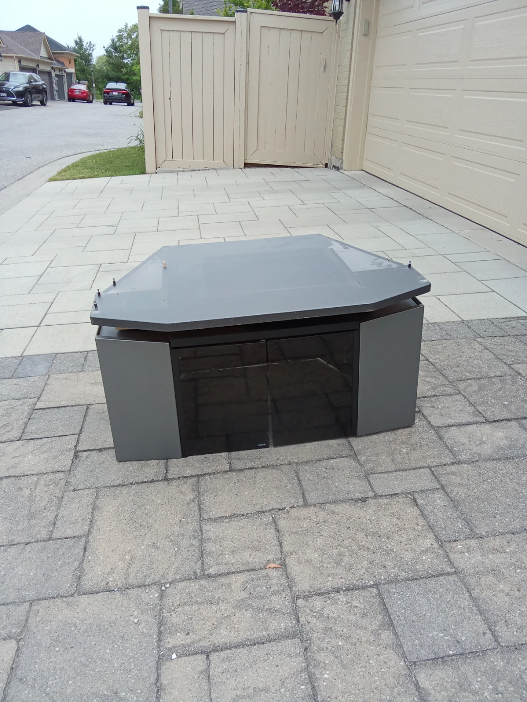 Grey TV Stand with Dark Glass Doors
