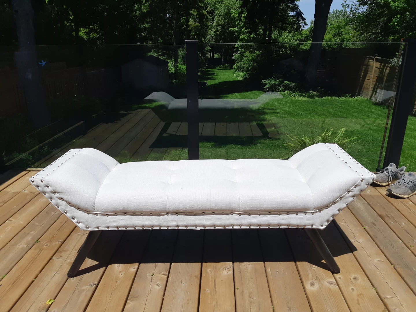 White Tufted Bench with Silver Nailhead Trim