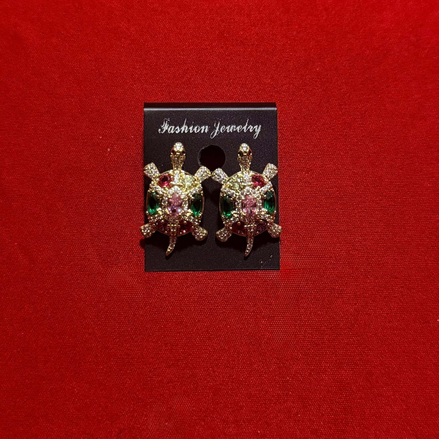 Gold laminated Fashion Jewelry Turtle Earrings with Rhinestones
