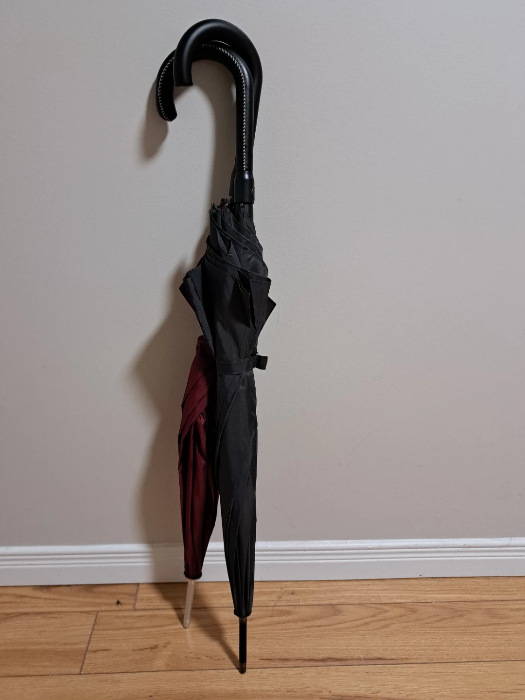 Black and Burgundy Umbrella with Curved Handle
