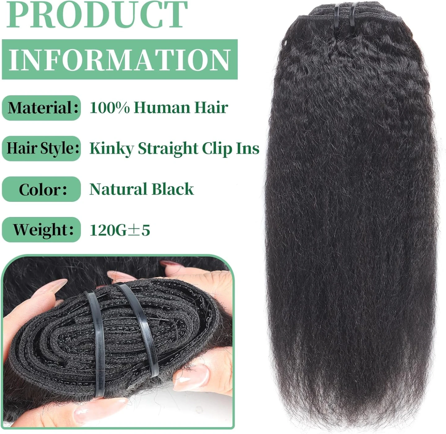 100% Human Hair Clip-in Extensions Natural Black Kinky Straight - photo 2