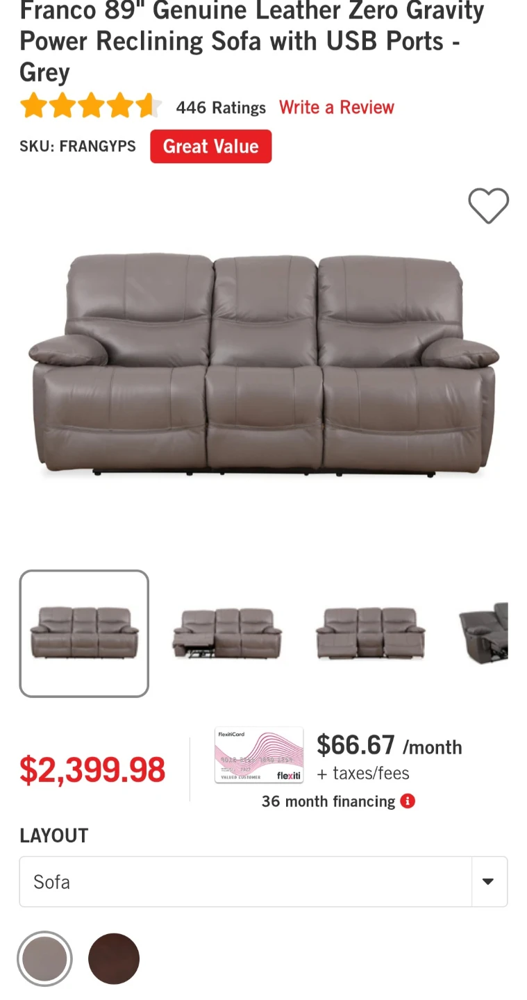 Genuine Leather Reclining Sofa - Grey