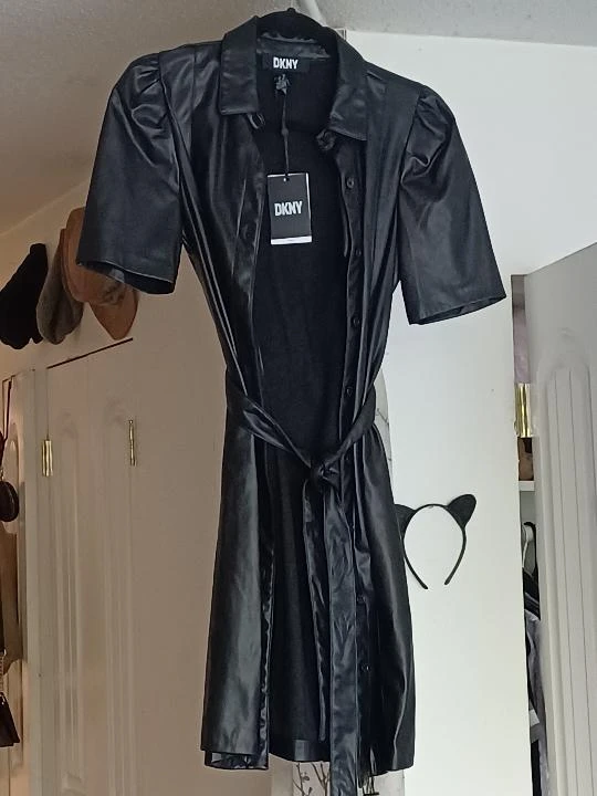 DKNY Black Faux Leather Shirt Dress