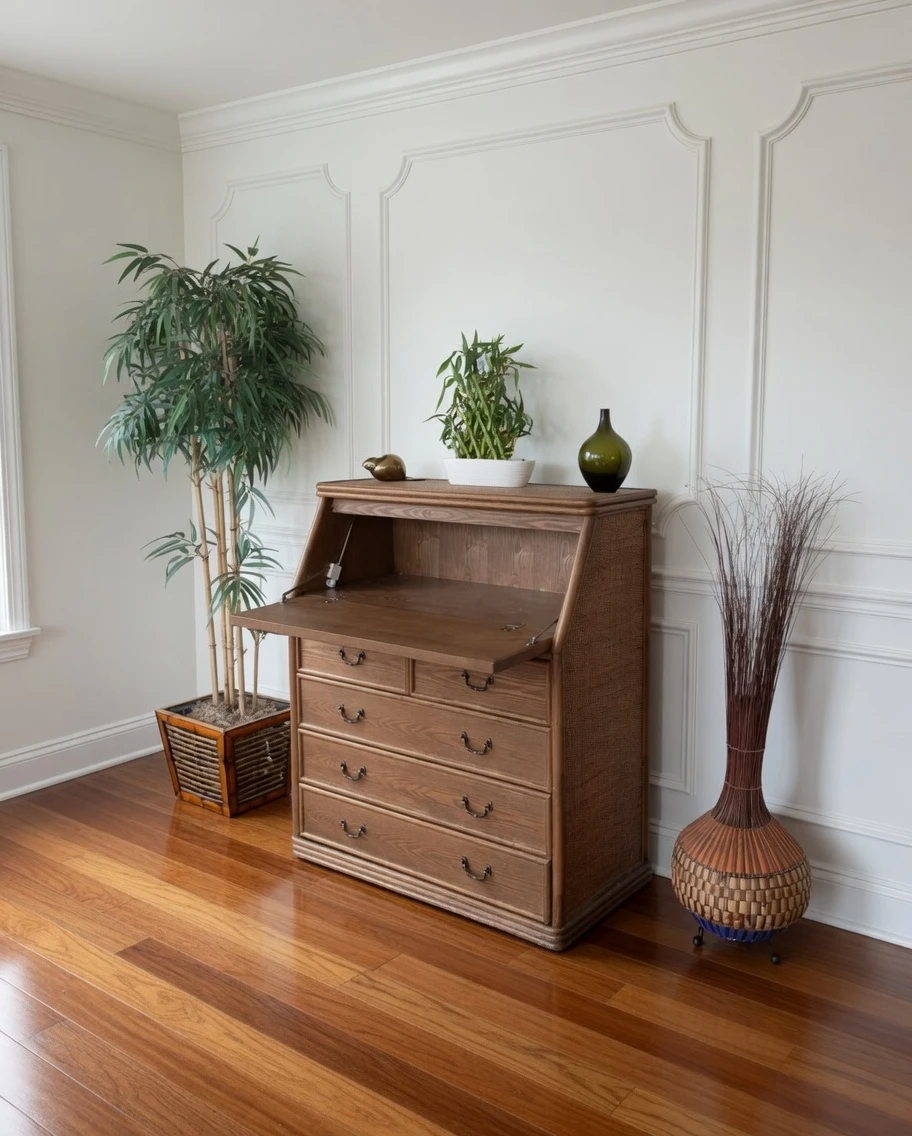 Vintage Oak & Rattan 5 Drawer Secretary Desk