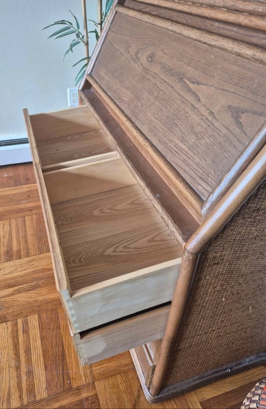 Vintage Oak & Rattan 5 Drawer Secretary Desk - photo 5