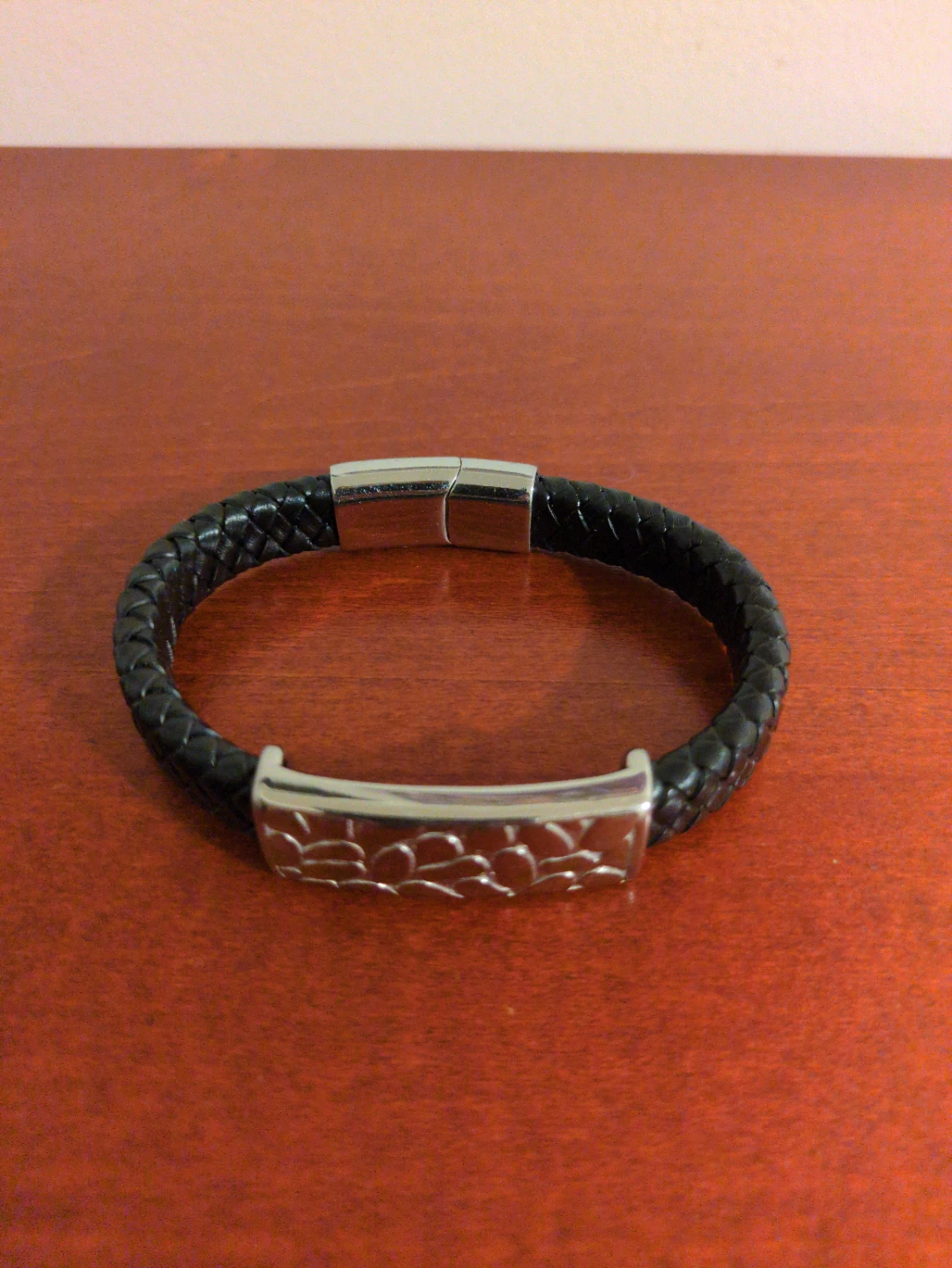 Black Woven Leather Bracelet with Silver Clasp