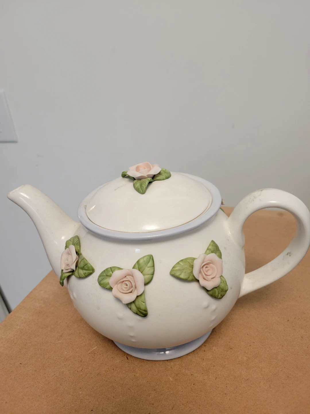 White Ceramic Teapot with Pink Roses