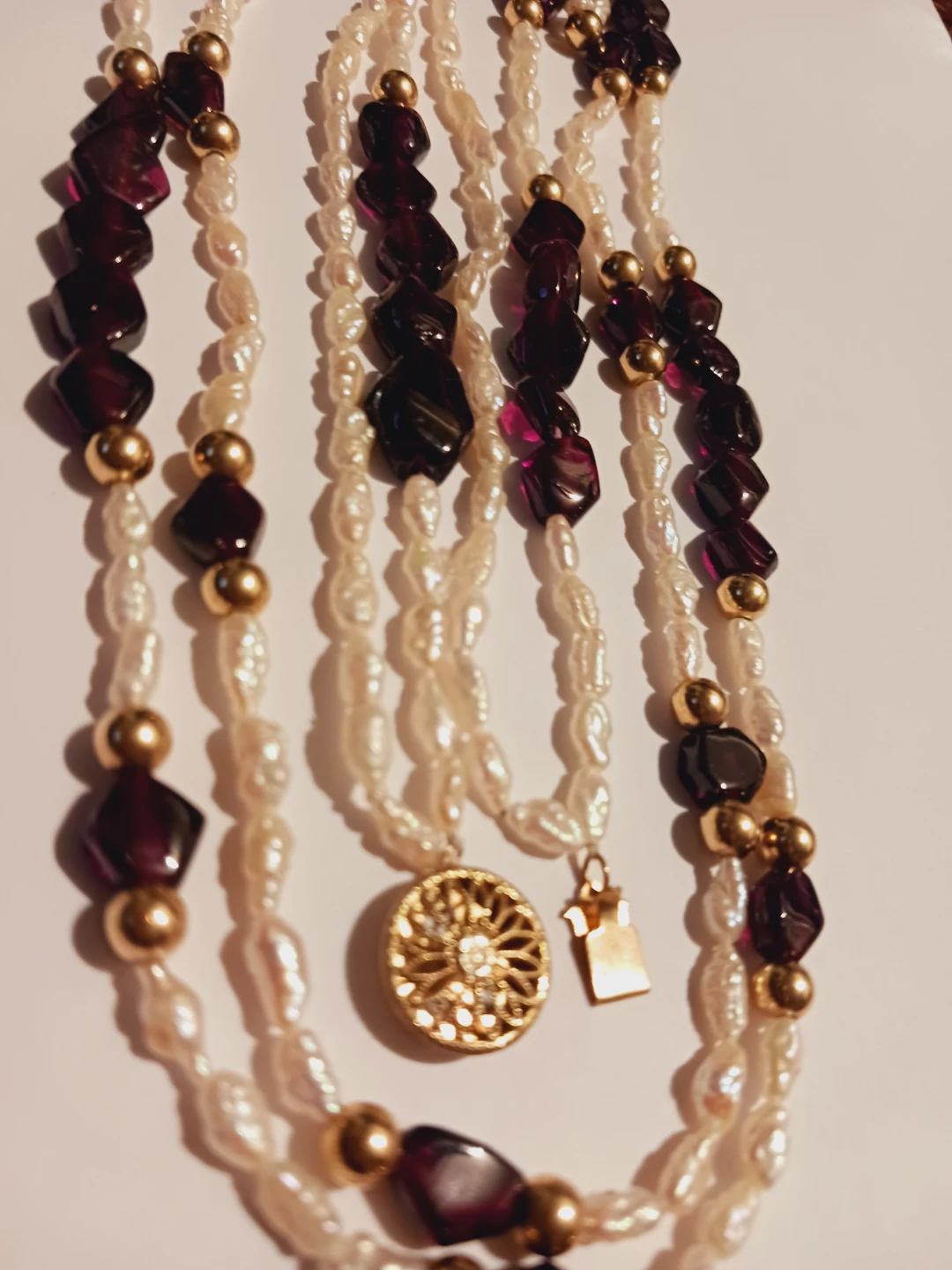 Gold Overlay Sterling Silver 925 Rice Pearl , Garnet Necklace - photo 2