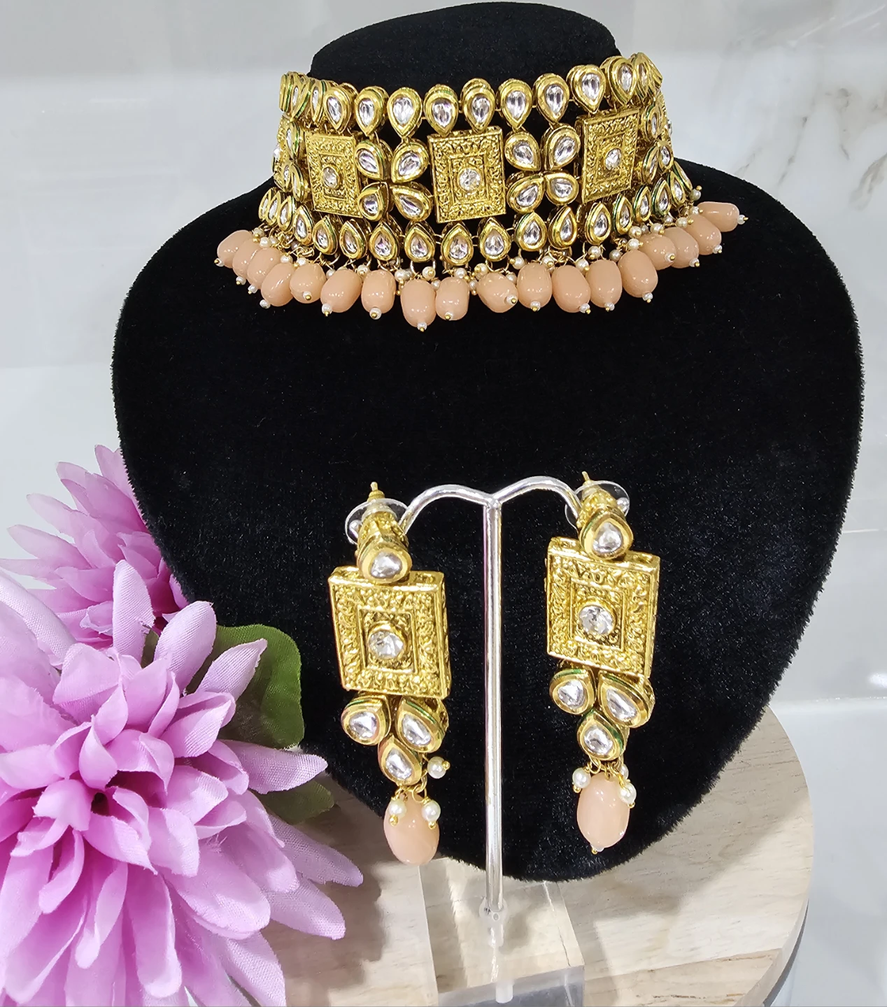 Gold-tone Choker Necklace and Earring Set with Peach Beads