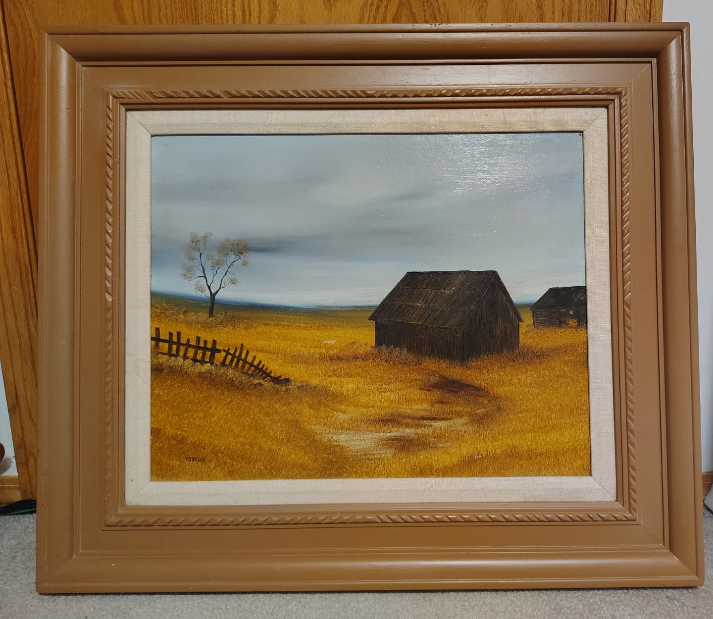 Framed Oil Painting of Barns in a Field