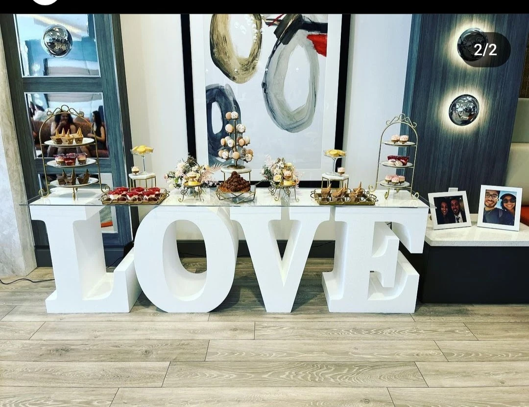 White "LOVE" Foam Block Table with acrylic top for sale