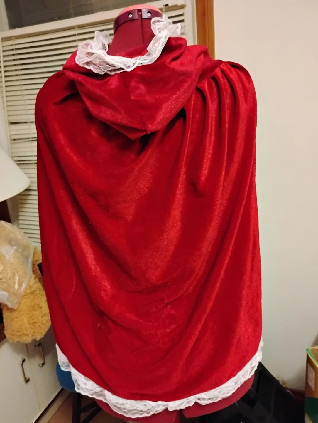 Red Velvet Hooded Cape with White Lace Trim - photo 2
