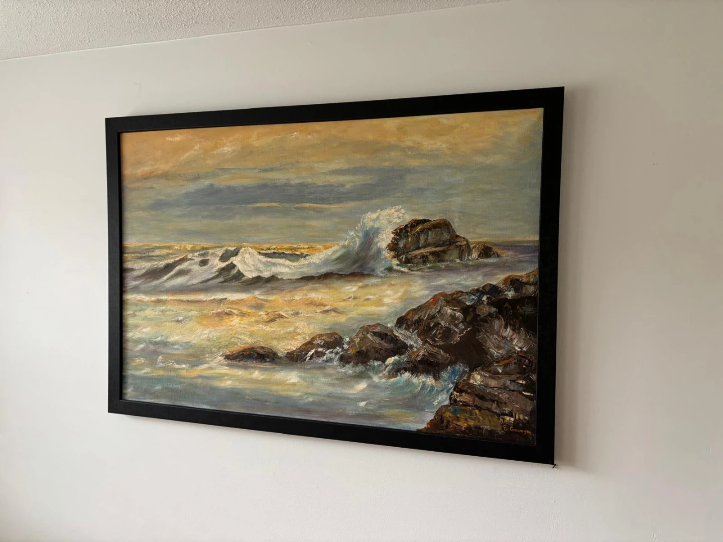 Framed Oil Painting of Ocean Waves Crashing on Rocks