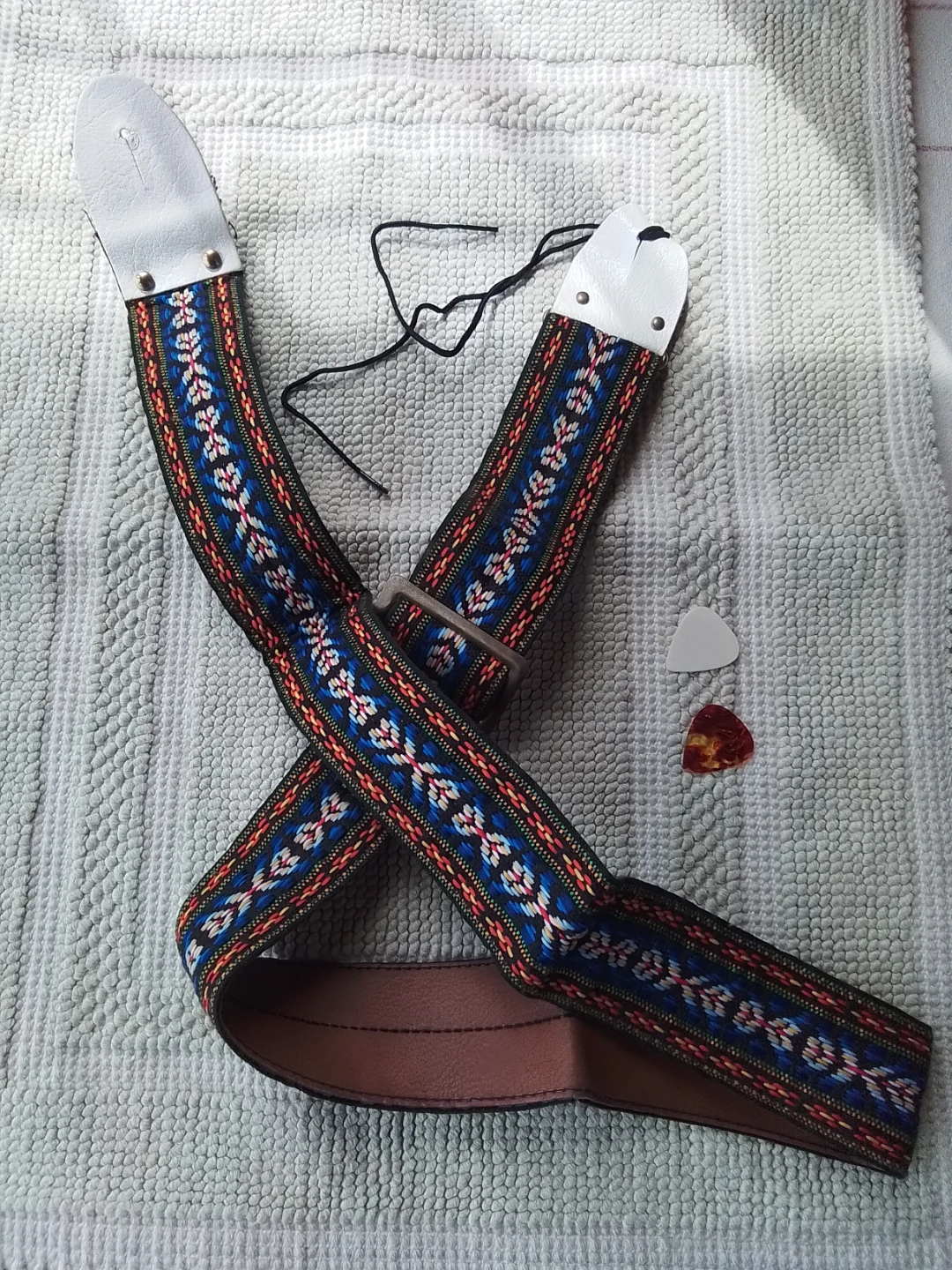 Woven Guitar Strap with Leather Ends & Picks