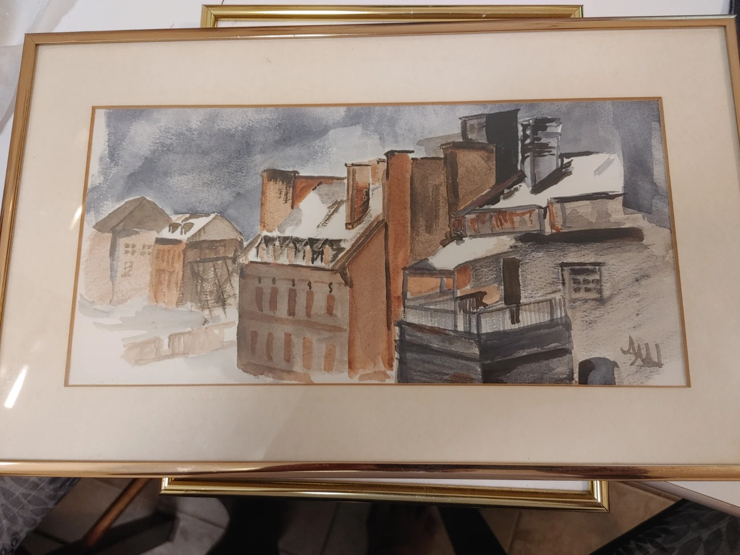 Framed Watercolour Painting of Old Buildings in Winter