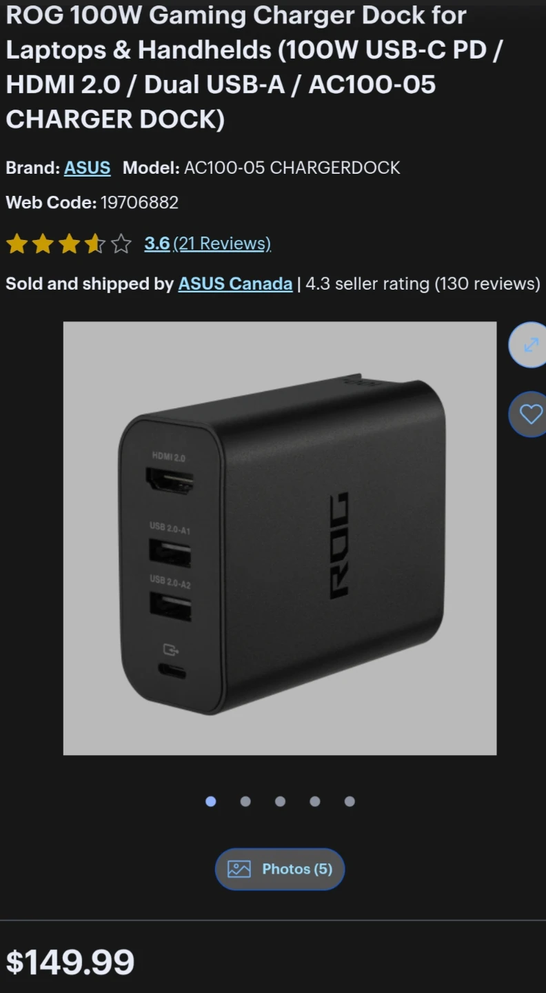ASUS ROG 100W Gaming Charger Dock AC100-05